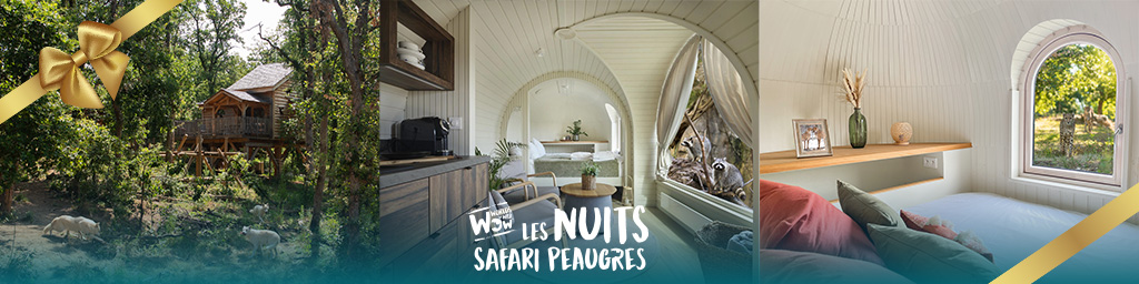 Offrir un bon cadeau Nuits Safari Peaugres pour un séjour insolites dans le plus grand parc animalier d'Auvergne Rhône-Alpes