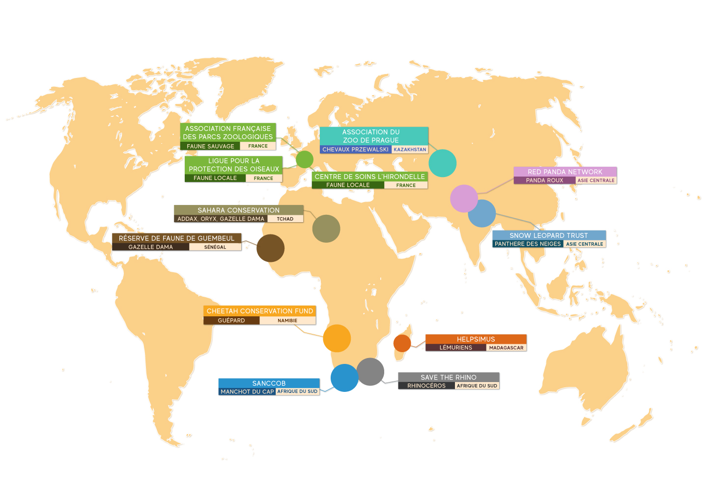 carte des associations soutenues par Wow Conservation